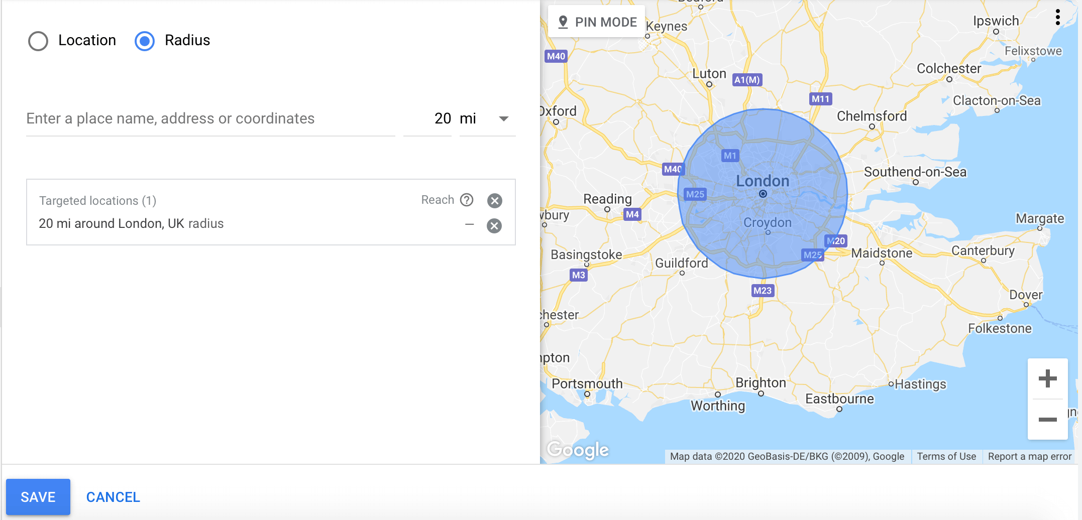 Selecting radius trgeting on google maps to advertise to people living in specific area